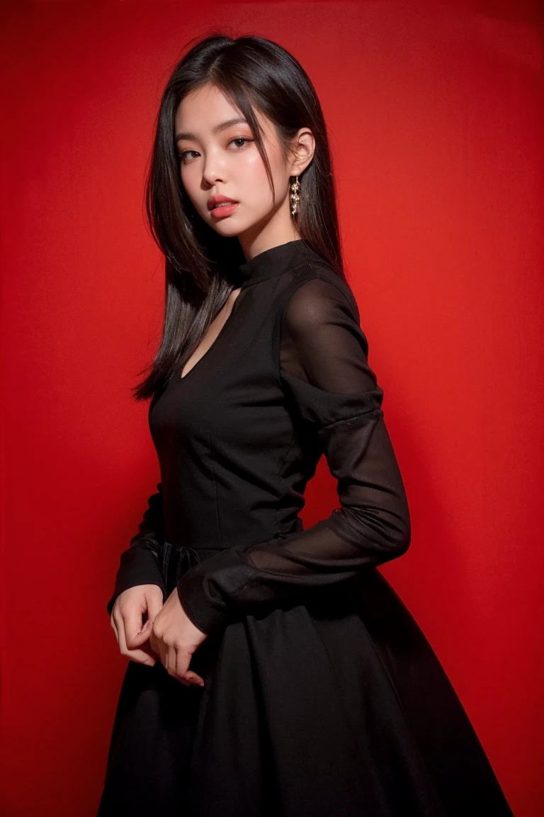 21yo girl, dress, red background 