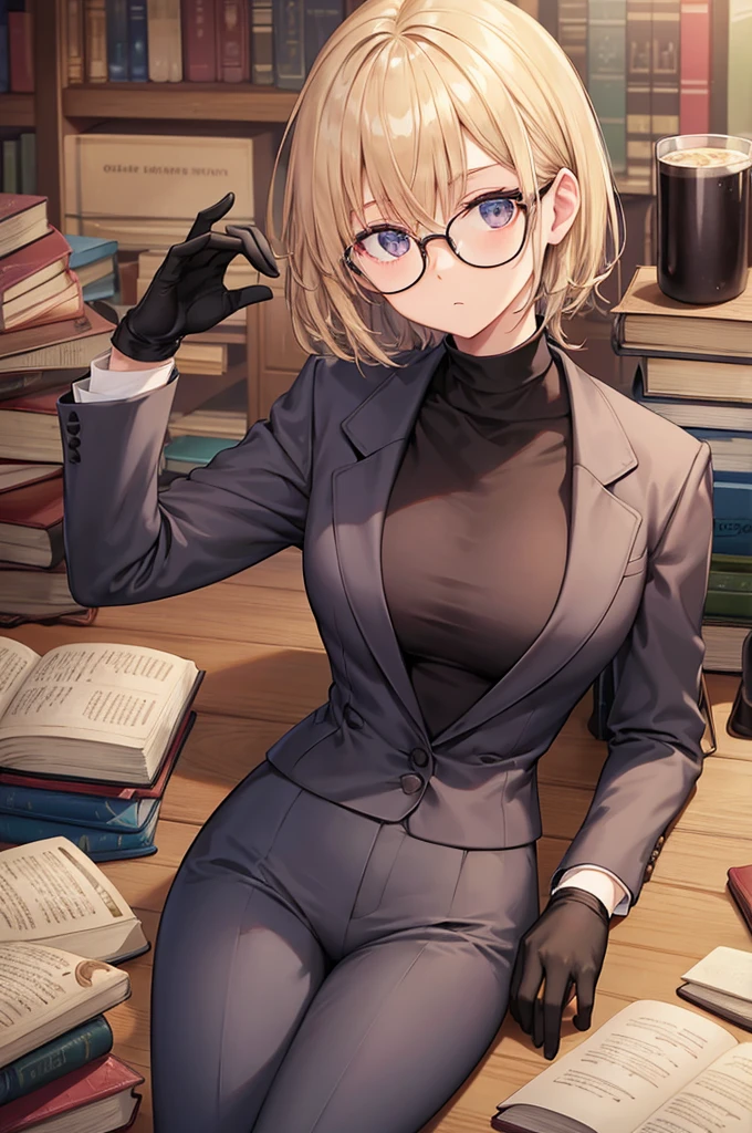 books lying around, cream hair, tall, square glasses, black turtleneck, a beige two-button blazer, dark navy-blue pants, and a pair black gloves, looking at viewer, slightly short hair, female, slim