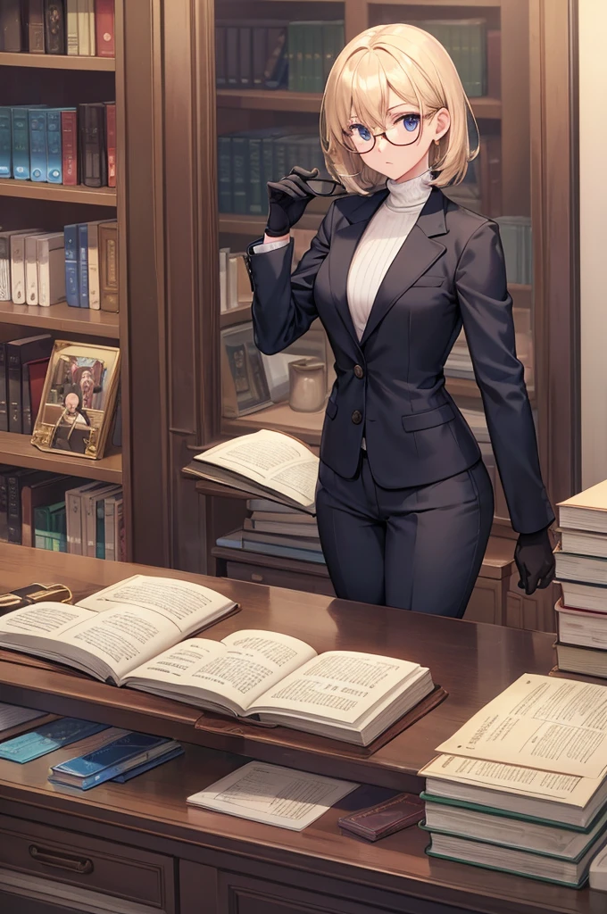 books lying around, cream hair, tall, square glasses, black turtleneck, a beige two-button blazer, dark navy-blue pants, and a pair black gloves, looking at viewer, slightly short hair, female, slim