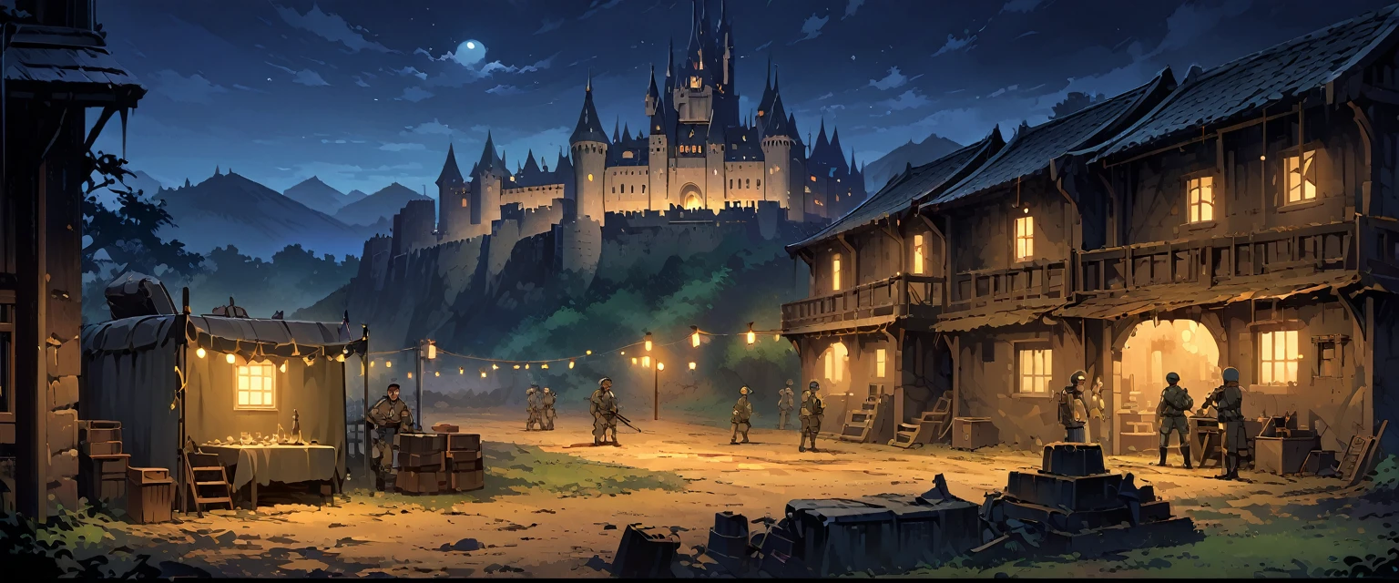 castle，欧洲中世纪的castle，有士兵在castle外面巡逻，Soldiers are training in the military camp。night，Night view。Mid-ground composition，Panorama pictures，Scene screen，Game concept art style，Anime illustration style，HD，4K。
