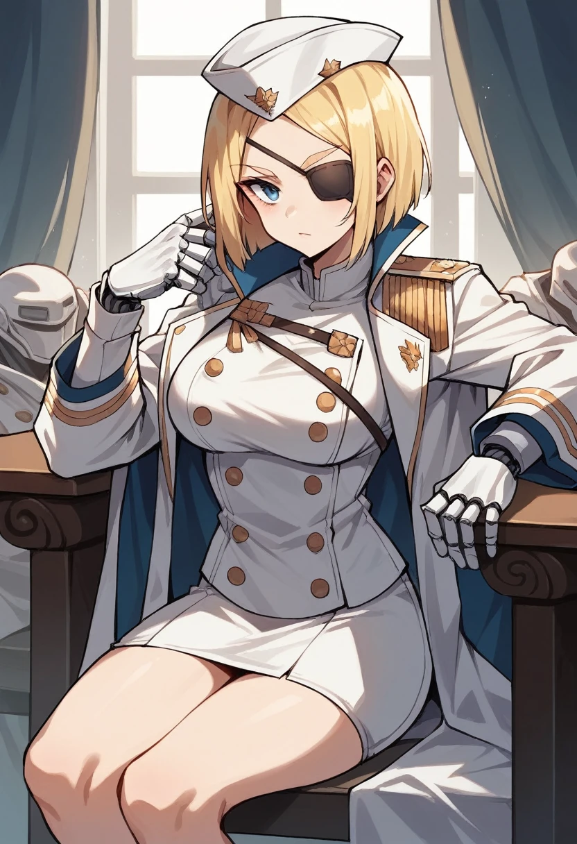 commander anime girl, white commander clothes, white mini skirt, 18 years old, tall, medium length blonde hair, blonde eyebrows, blue eyes, eye patch, right a mechanical arm, left arm a normal arm, sitting in a chair at the head of a large and long covenant table, alone, white commander hat, 8K Image Quality