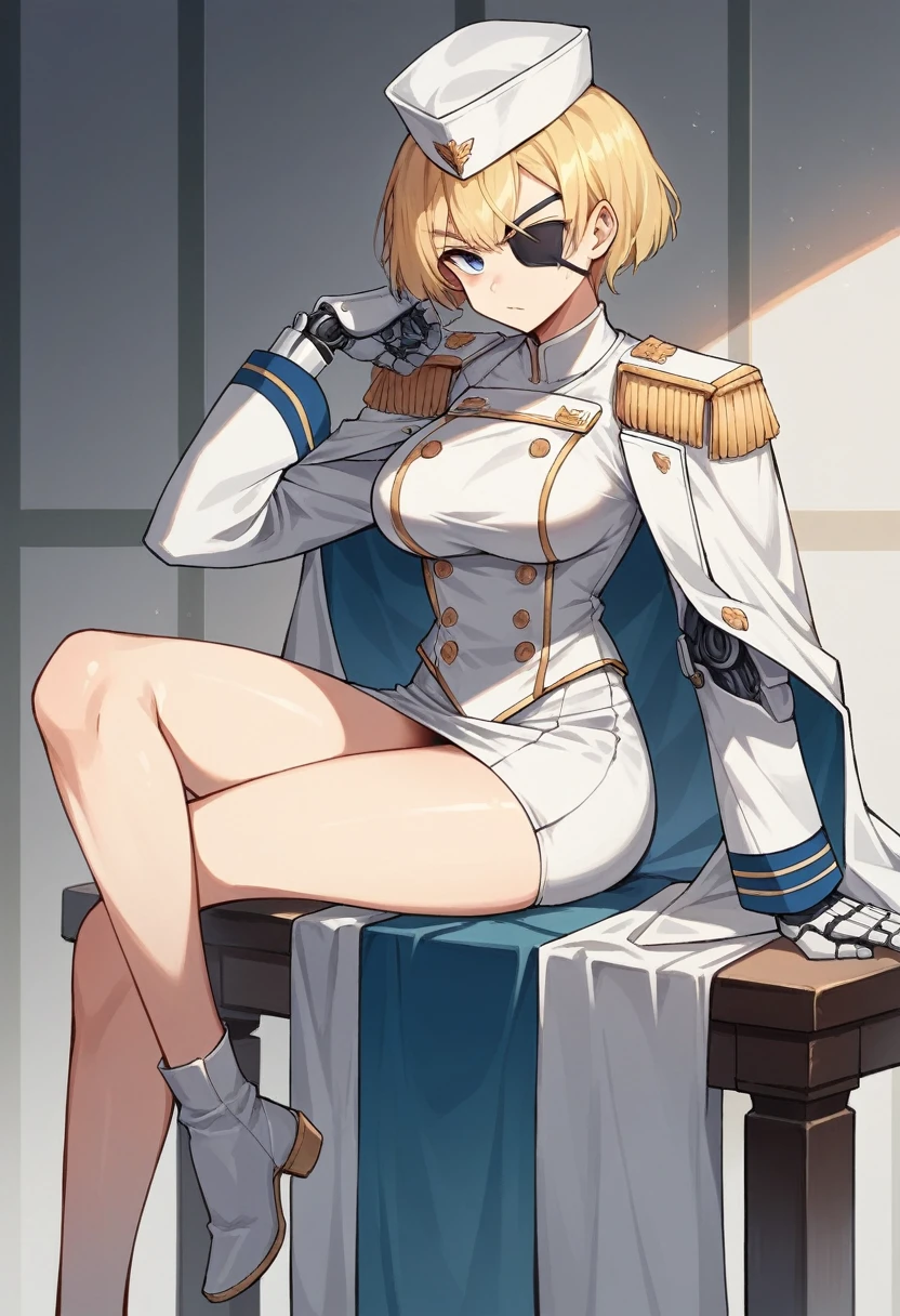 commander anime girl, white commander clothes, white mini skirt, 18 years old, tall, medium length blonde hair, blonde eyebrows, blue eyes, eye patch, right a mechanical arm, left arm a normal arm, sitting in a chair at the head of a large and long covenant table, alone, white commander hat, 8K Image Quality