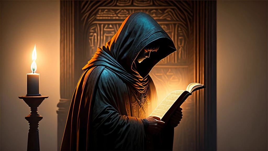 Imagine an intriguing and mysterious scene: a hooded character, standing with your back to the viewer, in a dark and ancient environment. In front of you, an antique wooden table with ancient scrolls and open religious books. Dim light from nearby candles highlights details of ancient inscriptions on the walls. Ao fundo, shadows suggest the presence of other hooded characters, adding an air of mystery and conspiracy. The focus of the scene is the contrast between darkness and points of light, creating an atmosphere of secrecy and power. The central character is immersed in reading an old book, with his face hidden by his hood, suggesting anonymity and an enigmatic figure who holds ancient and powerful knowledge.