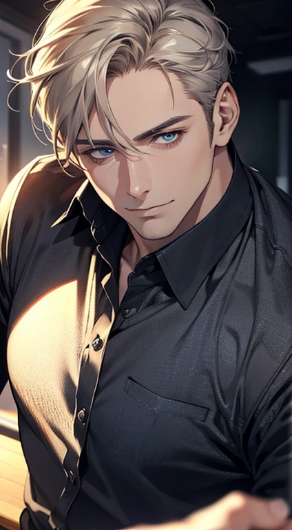 (best quality,4k,8k,highres,masterpiece:1.2),ultra-detailed,(realistic,photorealistic,photo-realistic:1.37),1 man,31 years old,mature man,very handsome,without expression,smile,short grey golden hair,blue eyes,penetrating gaze,perfect face without errors,imposing posture,businessman,office background,cinematic lighting,hdr image