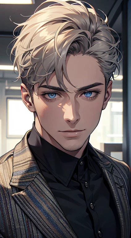 (best quality,4k,8k,highres,masterpiece:1.2),ultra-detailed,(realistic,photorealistic,photo-realistic:1.37),1 man,31 years old,mature man,very handsome,without expression,smile,short grey golden hair,blue eyes,penetrating gaze,perfect face without errors,imposing posture,businessman,office background,cinematic lighting,hdr image