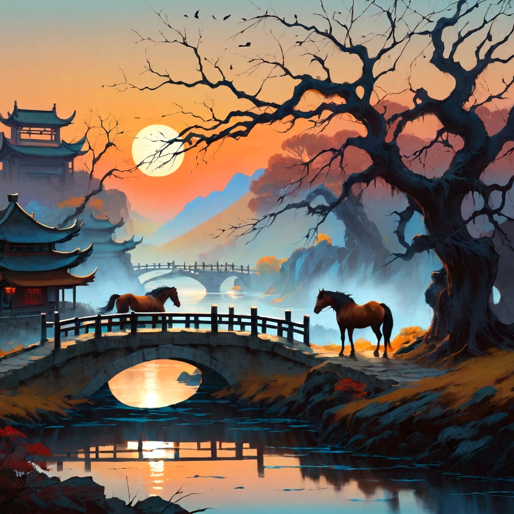 masterpiece, high quality, high resolution,8K, Chinese painting ,, Withered vines, Old trees, dusk, The crow cries,, (A small bridge), flowing water, Humble residence,  (a horse:1.6),, A cold wind blows from the west, an ancient road,