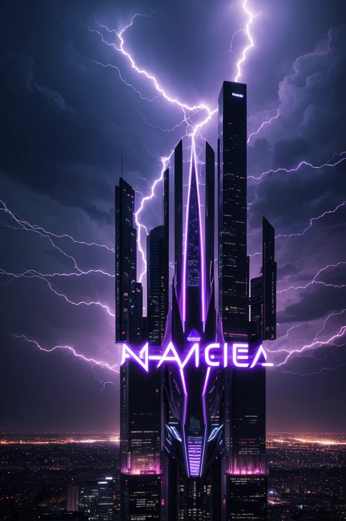 album cover:imageio: A night view of a city, with a sky full of lightning. En el centro de la imagen, a large stylized lightning symbol is shining brightly, illuminating the surrounding buildings. The three members appear as silhouettes in front of the symbol, each holding their instrument. The name of the album "Electric Revolution" is written in a bold, modern font, with electricity effects.colors: Predominance of black, purple and silver to give a strong and energetic look.