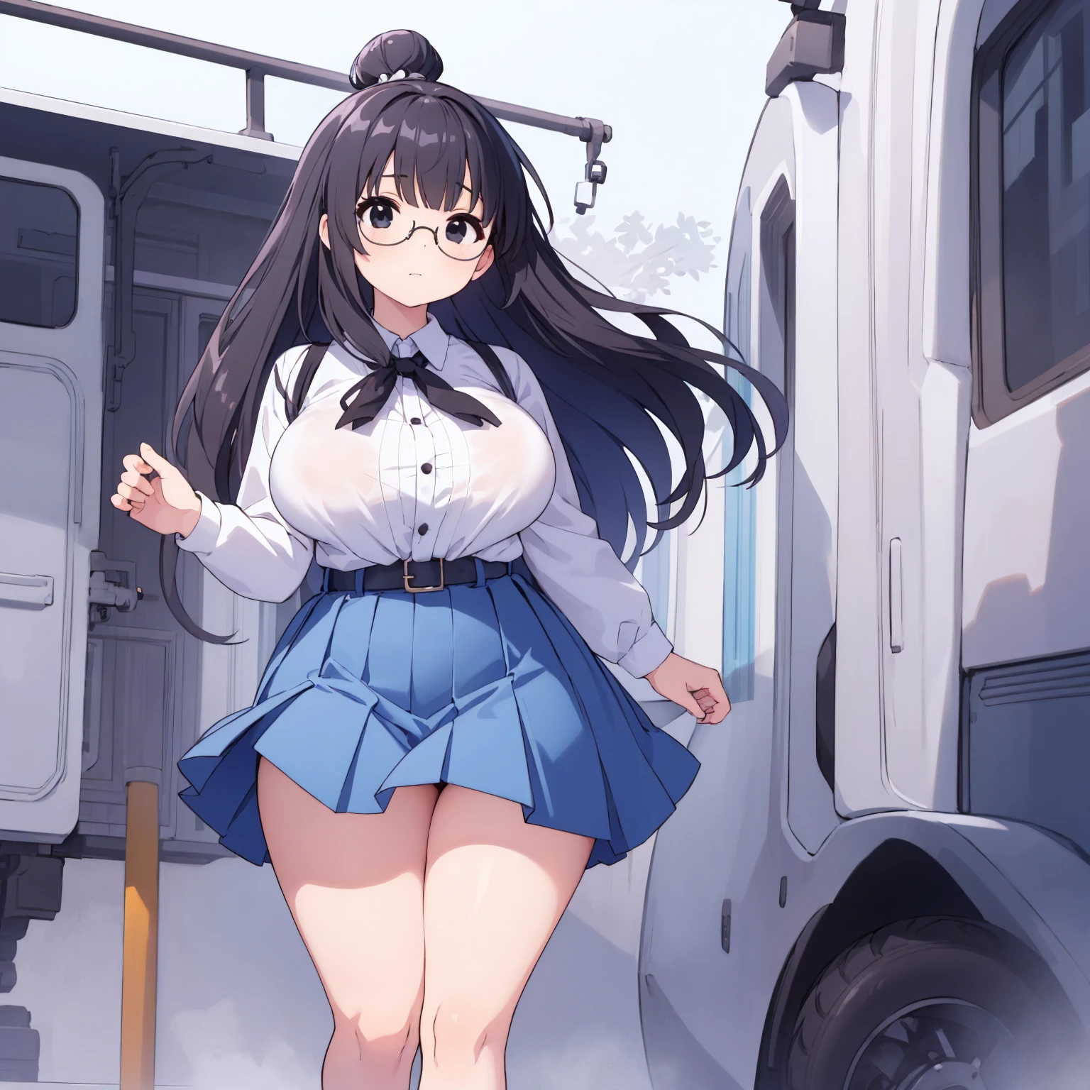 (((High quality))), 1girl, solo, black hair, messy hair, bangs, black eyes, large breasts, wide hips, tall, thick thighs, white blouse, blue skirt, round glasses