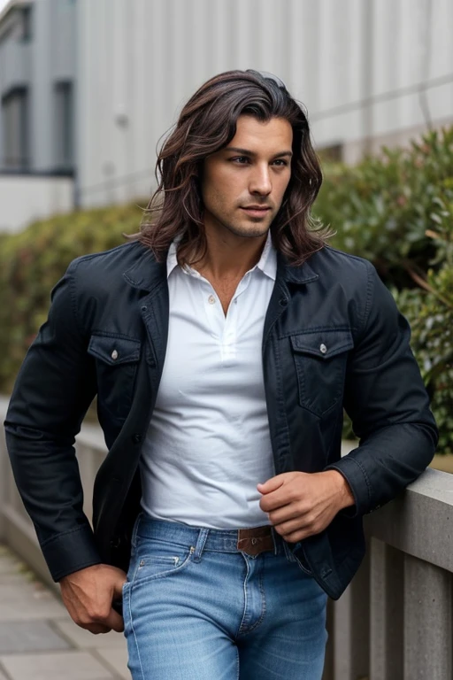 Handsome Man 36, lean muscular body, tan skin olive, his eyes are big and blue, 1.90m, his hair is dark brown with natural waves that flow down his shoulders, a little stubble unshaved, wearing a black jacket, white shirt and jeans
