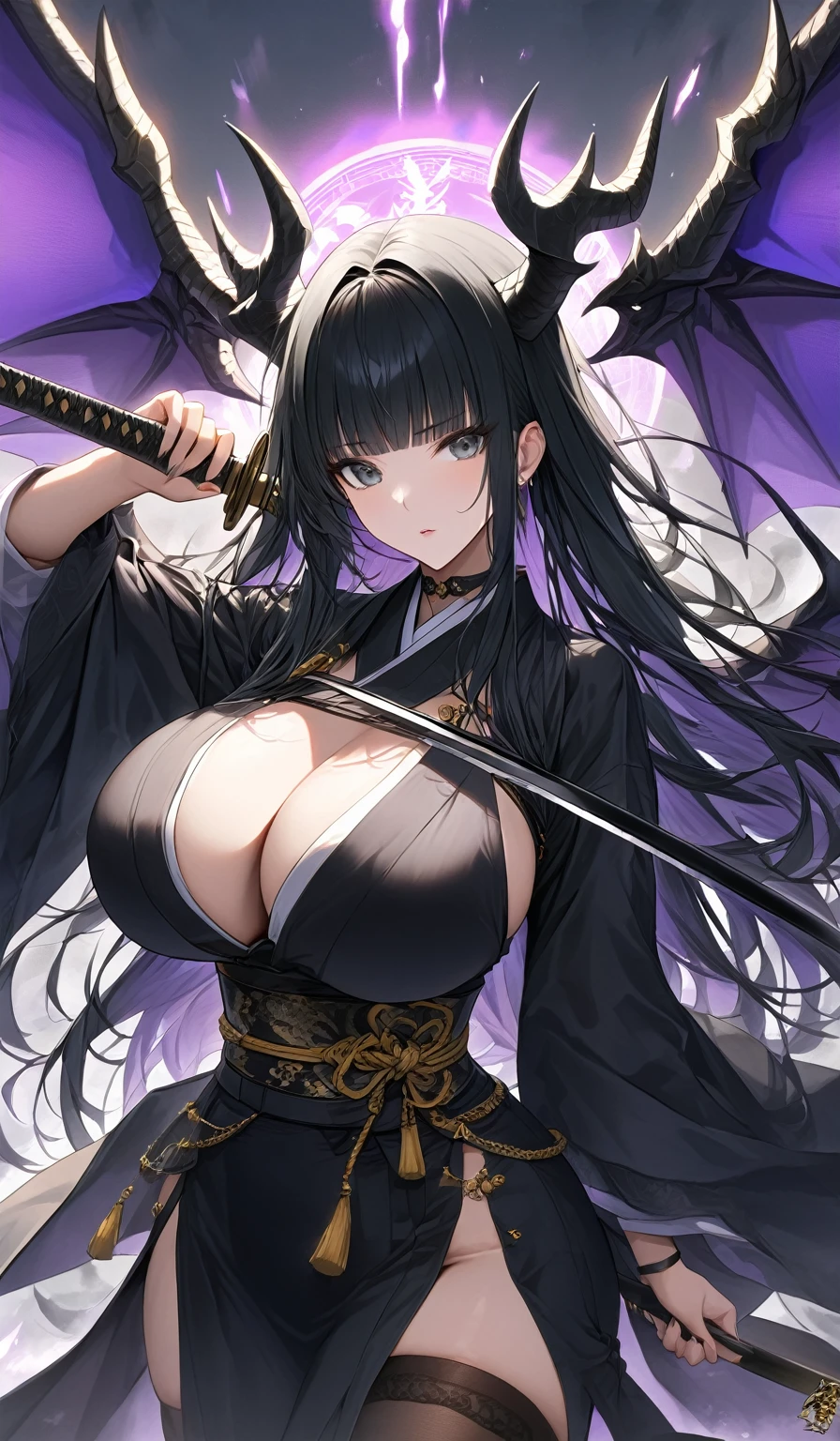 Masterpiece, very detailed, ultra detailed, one, (1 woman), Photo of a woman in a short Japanese yukate with gold details and black stockings, with a black katana in her hand with an aura of death, with black eyes, long black straight hair and straight bangs, with huge breasts, she with black demonic horns and black dragon wings, around her the aura of death