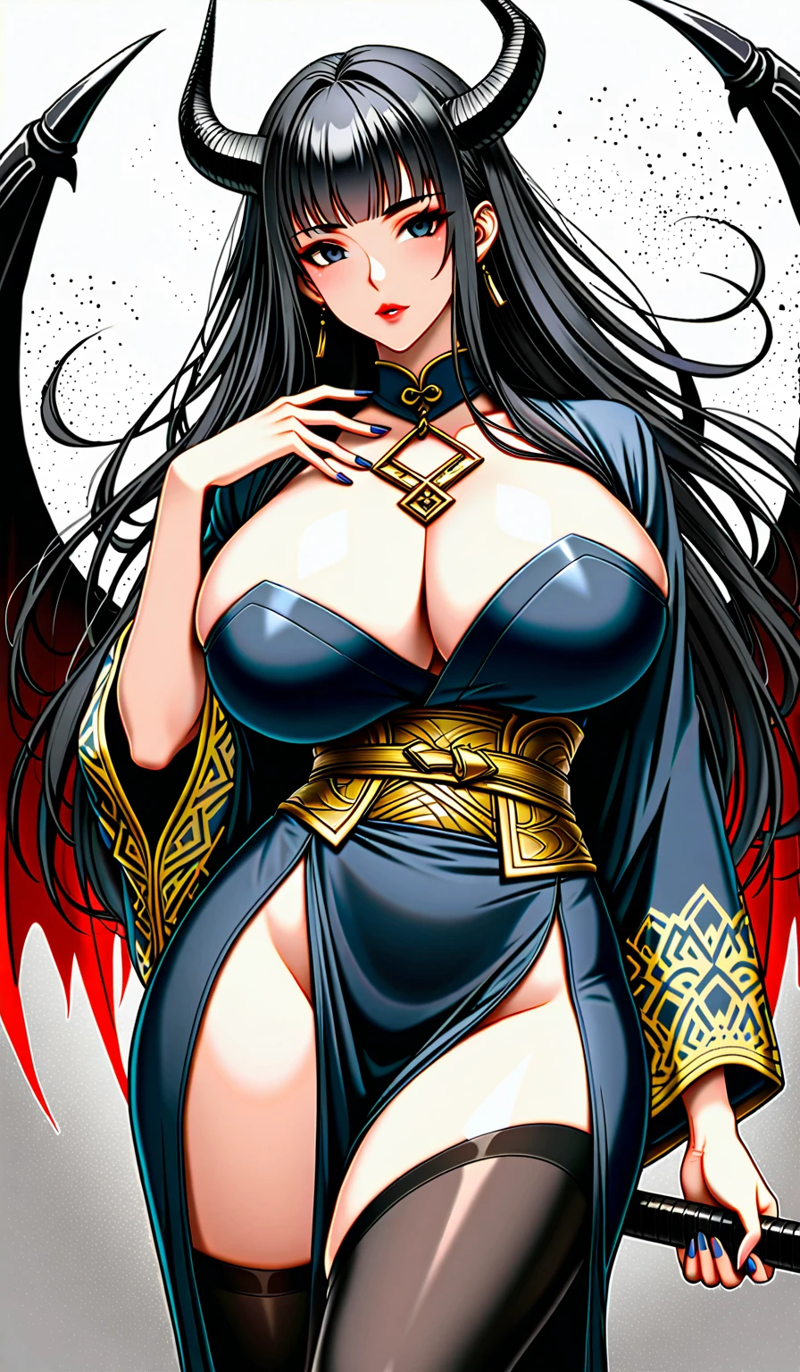 Masterpiece, very detailed, ultra detailed, one, (1 woman), Photo of a woman in a short Japanese yukate with gold details and black stockings, with a black katana in her hand with an aura of death, with black eyes, long black straight hair and straight bangs, with huge breasts, she with black demonic horns and black dragon wings, around her the aura of death