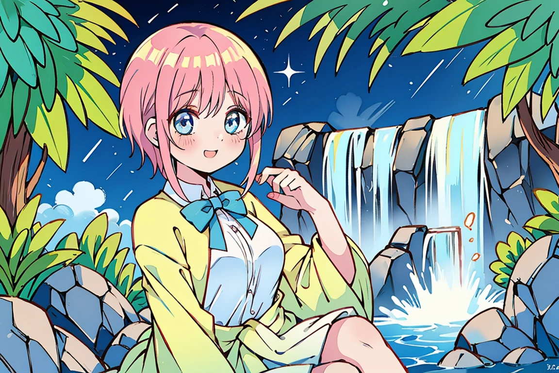 Scenery, light blue sky, 1girl, ichika sitting in the waterfalls, cloud, sitting on rocks in the middle of the waterfall, magical photography, ultra-detailed, 4k, Depth of field, High-resolution, outdoors, starry night sky, starts made of iridescent tears, pastel aesthetic colors, sfw, nakano_ichika, aaichika, Nakano ichika sitting in the waterfall, short silky pink hair, masterpiece, 4k, ultradetailed, cowboy shot, nakano ichika, blue eyes, sparkling eyes, green bowtie, veiled pretty iridescent dress, minimal dress, attractive confident smile, happy, cute, Official art、Beautifully Aesthetic:1.2)、(a beauty girl:1.3)、vivid colours、colourful, Soft Light, Deep Focus Bokeh, fantasy, galaxy, sparkling, splendid, colorful, dramatic lighting, intricate details, (1 girl, solo, alone), intricate details, sfw, nakano_ichika, sparkling eyes, laughing happily, crystal, fantasy, shimmering, sparkling, splendid, colorful, bright colours. fix her hands