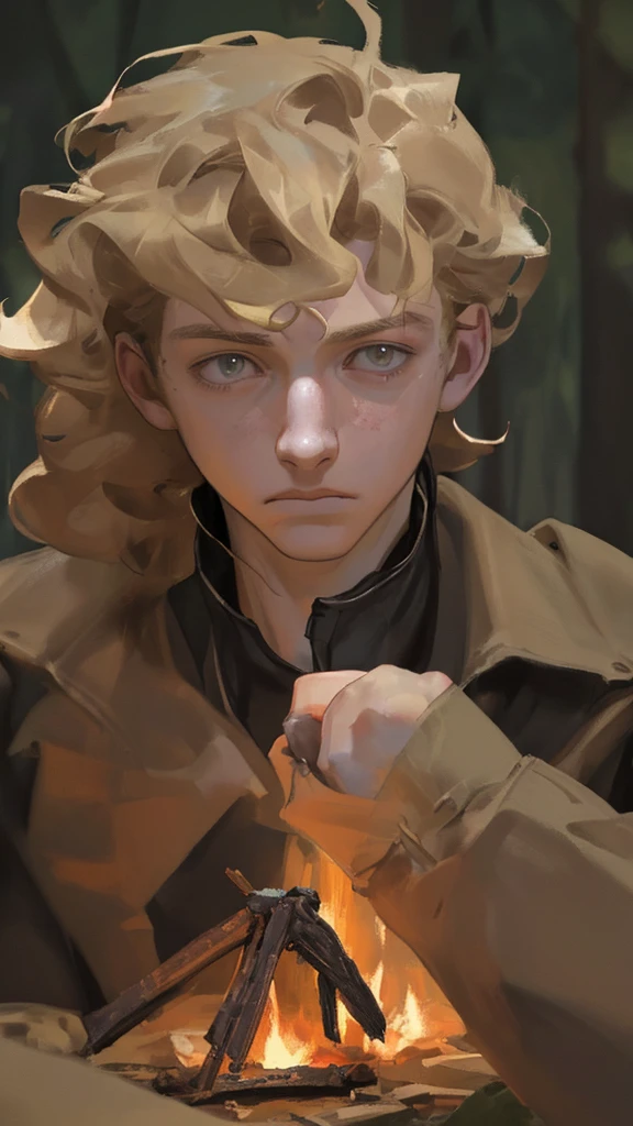 a futurist deserter late teenager boy, defeated, harmless, captured boy, young boy, sexy, blonde hair, scared, detailed face, tearing eyes, beautiful boy, pretty face, sexy, curly hair, tie in a campfire, cinematic atmosphere, dark colors, environment, realistic 3D render, (best quality,4k,8k,highres,masterpiece:1.2),ultra-detailed,(realistic,photorealistic,photo-realistic:1.37)