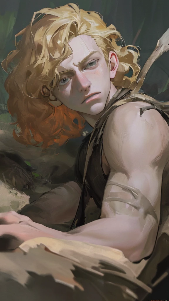 a futurist deserter late teenager boy, defeated, harmless, captured boy, young boy, sexy, blonde hair, scared, detailed face, tearing eyes, beautiful boy, pretty face, sexy, curly hair, tie in a campfire, cinematic atmosphere, dark colors, environment, realistic 3D render, (best quality,4k,8k,highres,masterpiece:1.2),ultra-detailed,(realistic,photorealistic,photo-realistic:1.37)