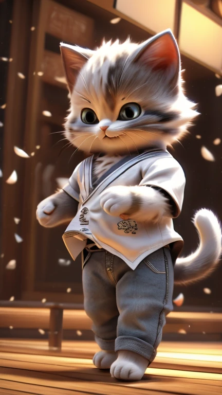 A cute anthropomorphized cat。Grey and white mixed cat。The costume is a bowling shirt and jeans.。3D for high quality