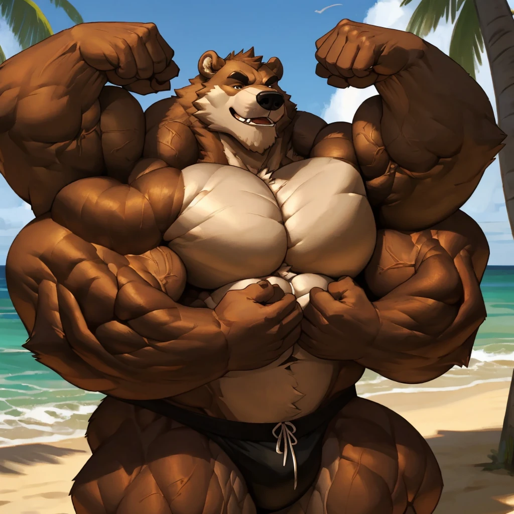 beach, extremely huge muscular, massive muscular, full-body, well-muscled old grizzly bear in shirtless and . ((extremely muscle size, super thick arms, huge pectoral, extremely wide pectoral , huge arms)). Correct anatomy, and add details to make it attractive and interesting. Add textures and details to make the image more realistic, such as the appearance of the brown fur texture and the appearance of the brown skin. Flexing for the ladies, Make sure the resulting image is high resolution, 8K quality."