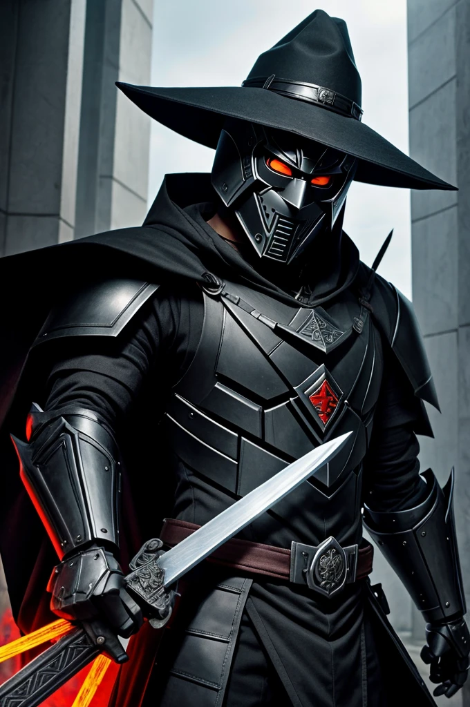 Anime man wearing a mask with big black eyes and a big black smile, wearing a triangular hat with some papers with Chinese letters hanging, black armor with a robotic arm and a black sword