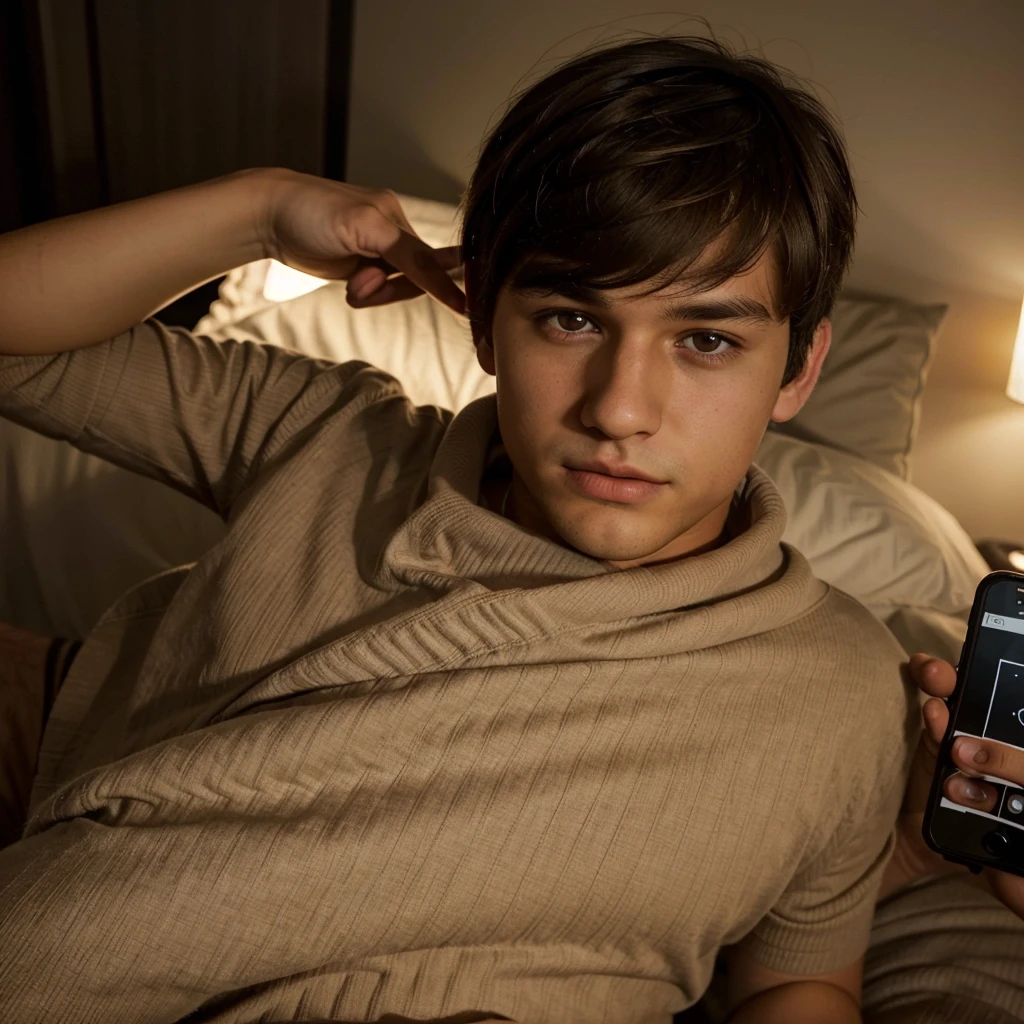 a dark night selfie of a 19 year old boy sitting up in bed with the cover over his body, holding his phone below his chin to take the photo, sitting up in the dark, brown hair, shortish hair, textured fringe, brown eyes, smallish nose, biggish ears, neutral face, skin pores, not wearing a top,