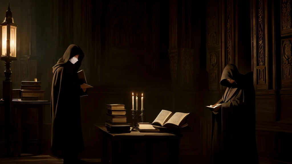 Imagine an intriguing and mysterious scene: a hooded character, standing with your back to the viewer, in a dark and ancient environment. In front of you, an antique wooden table with ancient scrolls and open religious books. Dim light from nearby candles highlights details of ancient inscriptions on the walls. Ao fundo, shadows suggest the presence of other hooded characters, adding an air of mystery and conspiracy. The focus of the scene is the contrast between darkness and points of light, creating an atmosphere of secrecy and power. The central character is immersed in reading an old book, with his face hidden by his hood, suggesting anonymity and an enigmatic figure who holds ancient and powerful knowledge.
