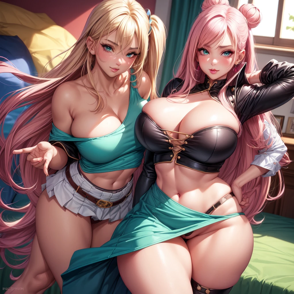 ((1 girls), solo, clevage, Big round breasts, trendy, stylish, clevage, thighs, hips, realistic, pink hair, blonde hair, light green eyes, lip gloss, detailed face, amazing big eyes, eye details, big lips, eyebrow details, blush, smirk, naughty, mischevious face, HD, good quality, thick thighs, attractive, bedroom, standing up 