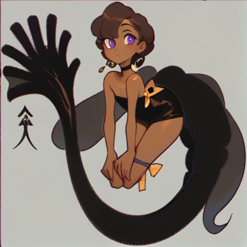 Dark brown hair, purple eyes, big breats, long black tail, brown skin, black dress.