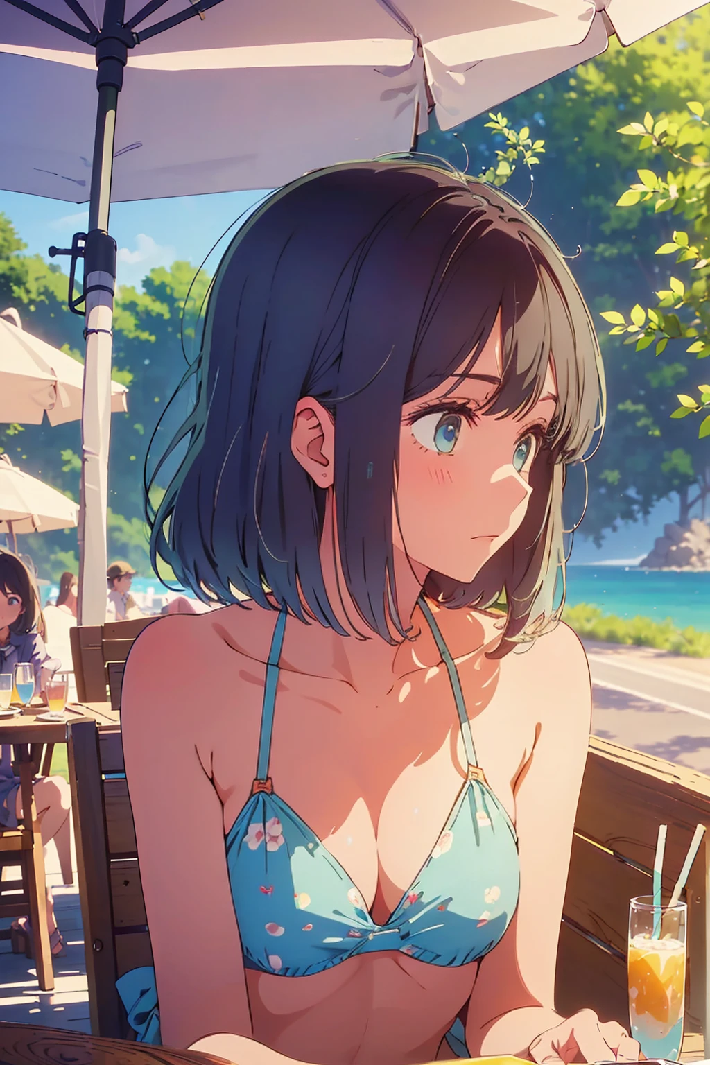 (Highest quality:1.4、masterpiece:1.4、Super detailed:1.4、8K:1.4)、((((1 person、Surprised expression、sit、Outdoor café terrace、coastal、juice、table、Sandy Beach、juiceのグラスを持つ、Plain Bikini、The depth of the written world、Very soft boobs、Big eyes、Very cute face))))、F cup bust、Medium breast、Underboob