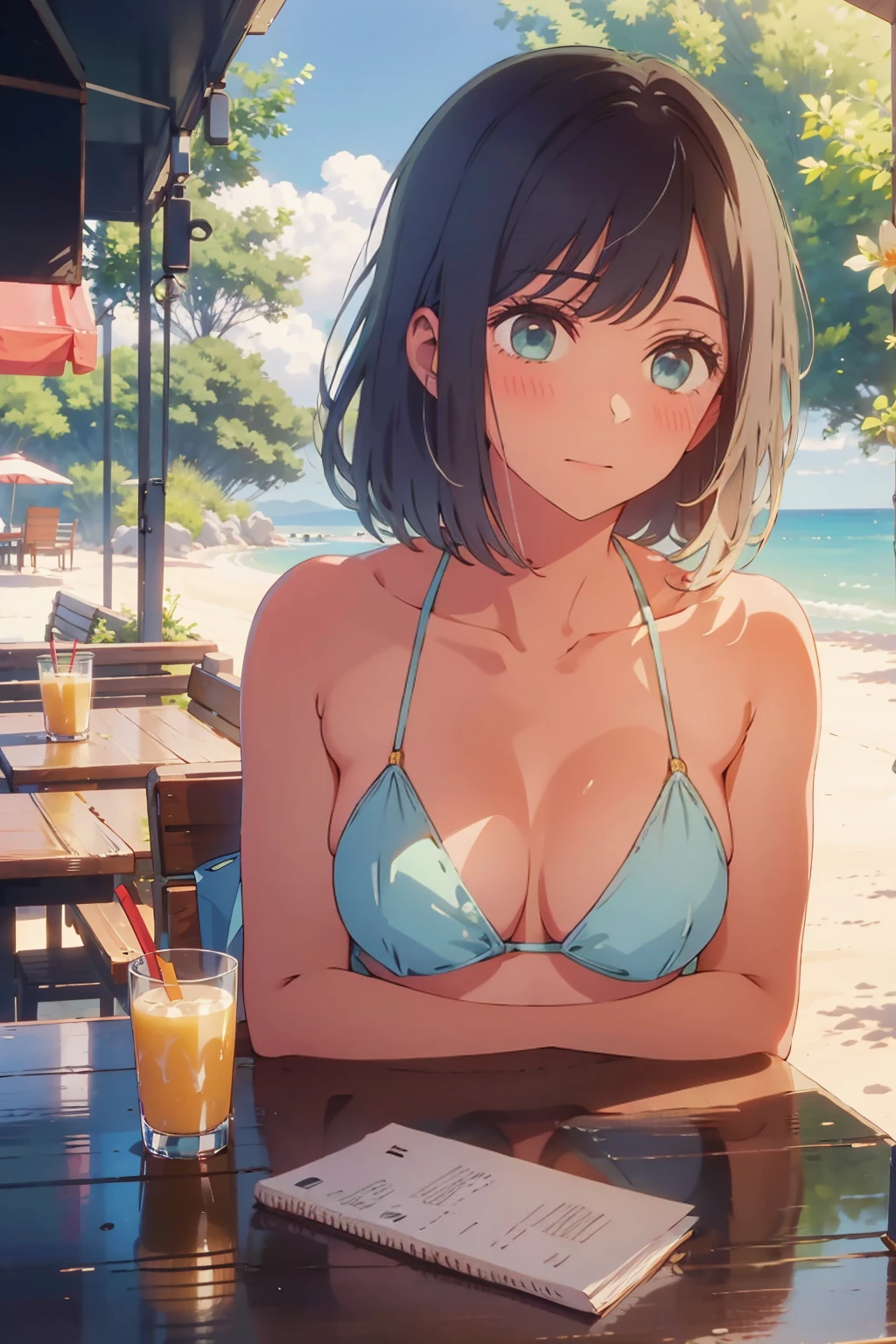 (Highest quality:1.4、masterpiece:1.4、Super detailed:1.4、8K:1.4)、((((1 person、Surprised expression、sit、Outdoor café terrace、coastal、juice、table、Sandy Beach、juiceのグラスを持つ、Plain Bikini、The depth of the written world、Very soft boobs、Big eyes、Very cute face))))、F cup bust、Medium breast、Underboob、Sideboob