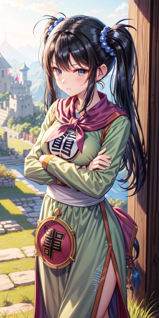 masterpiece, best quality, 4k, 8k, fighter (dq3), 1girl, solo, long hair, twintails, looking at viewer, black hair, hair ornament, long sleeves, dress, medium , closed mouth, cowboy shot, black eyes, chinese clothes, hair bobbles, clenched hand, crossed arms, Feet Apart, Ancient Castle