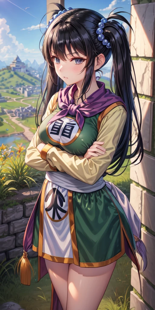 masterpiece, best quality, 4k, 8k, fighter (dq3), 1girl, solo, long hair, twintails, looking at viewer, black hair, hair ornament, long sleeves, dress, medium breasts, closed mouth, cowboy shot, black eyes, chinese clothes, hair bobbles, clenched hand, crossed arms, Feet Apart, Ancient Castle