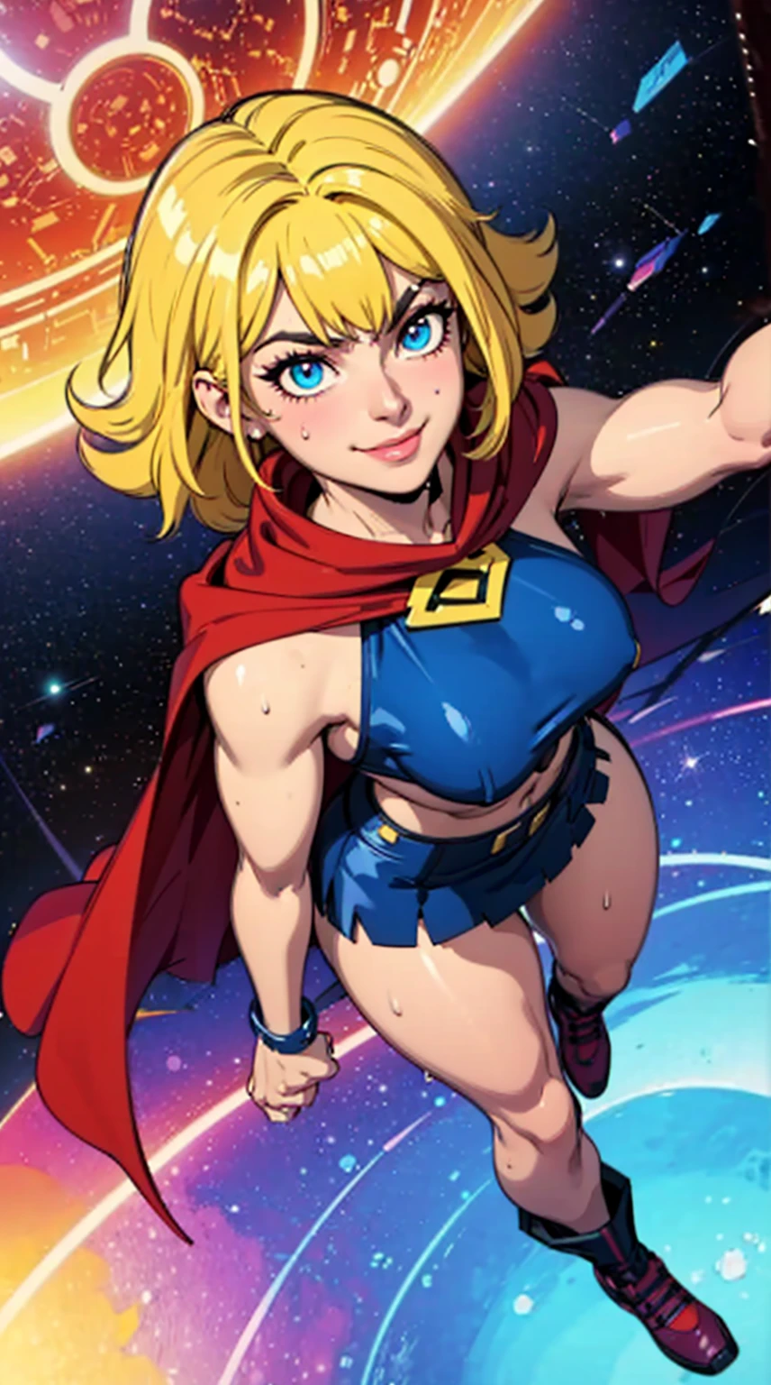 Digital painting of a woman with royal blue and yellow hair, super hero, muscle girl, pose, fist up, ((from above)), 1knee up, Behance Contest Winner, Afrofuturism, Synthwave, neon, glowing neon, sagging massive breasts, mini skirt, cape, sweat, glossy silky skin, smile, in space,