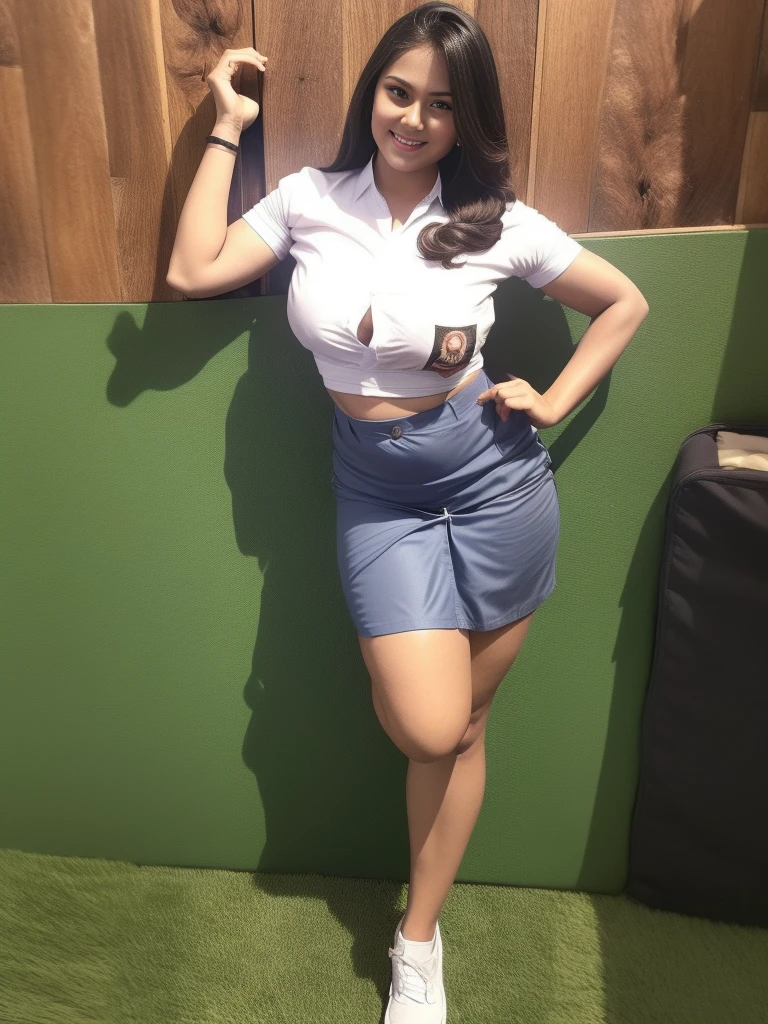 1girl, (Indonesian_high_school), camera angle from ground to the sky, detailed face, little smile, detailed eyes, beautiful face, zoom out, huge breasts, detailed skin, looking at the camera lens, perfect light, (8k, RAW photo, best quality, masterpiece: 1.5), (realistic, realistic: 1.3), ultra-high resolution, photorealistic, ultra high resolution, solo, realistic face, (detailed face), seductive pose , black hair Color, clean armpit, six pack belly, large breasts, full body angle, 18 years young woman, perfect thighs, semi-thick thighs, muscular thick arms, sitting, legs up, wearing hot short skirt, wearing tight shirt, asian goddess, long hair, straight hairstyle, muscular belly, thick muscular hips, curvy body, tall body, normal fingers, hands behind hips