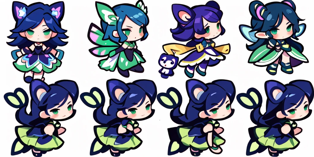 a close up of a cartoon character with different poses, spritesheet, sprite sheet, with familiar sprites, sprites, fairy girl, morgana, default pose neutral expression, twirling, sprite 2 d, shady, green fairy, smol,  multiple poses, cute chibi, kawaii