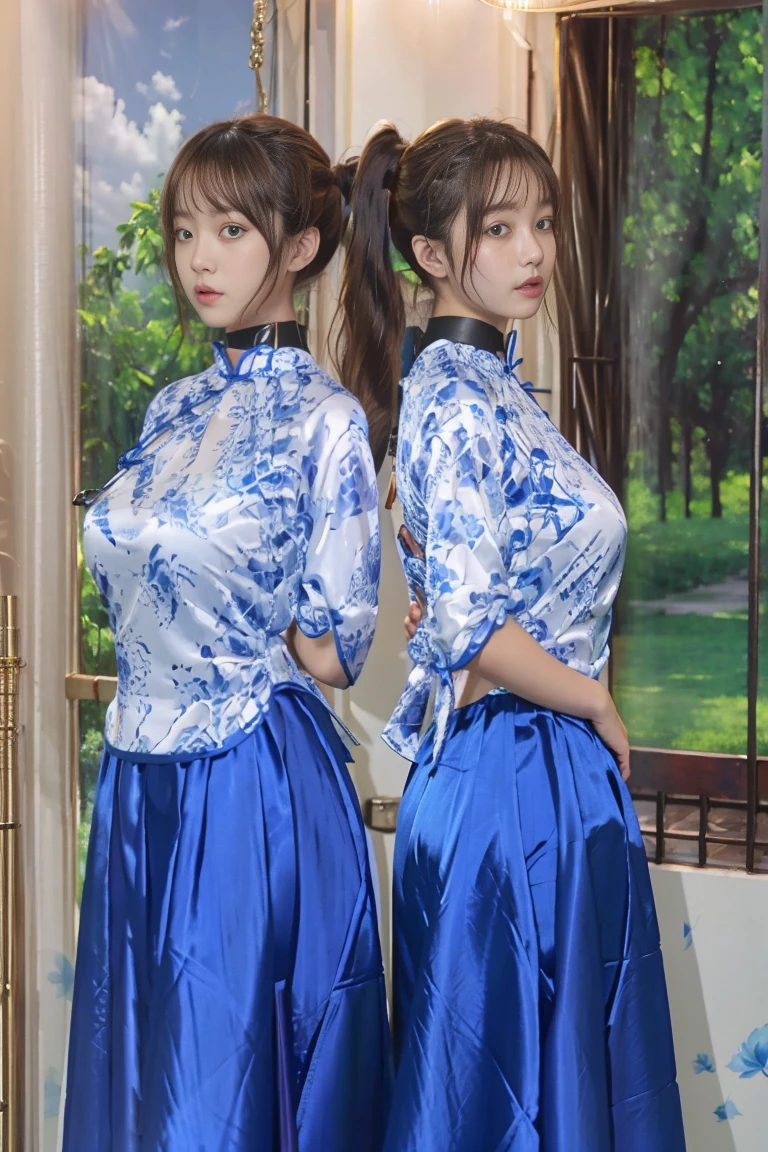 photorealistic,and sharp focus,Highly detailed, masterpiece, ultra-detailed, illustration, best quality,(Stand side by side)),Full body,((2 girls)),((one girl front)),the other girl from back, bangs, Double ponytail,BDSM, blush,black collar,arms behind back,neck lock in a black collar,Leather handcuffs lock wrists behind her back,wrist attached to her collar with a piece of chain , Large window, City view outside window, Chinese style blouse with blue flowers on white background,  breasts apart,jewelry,   ((huge breasts)),Blue silk long dress, 