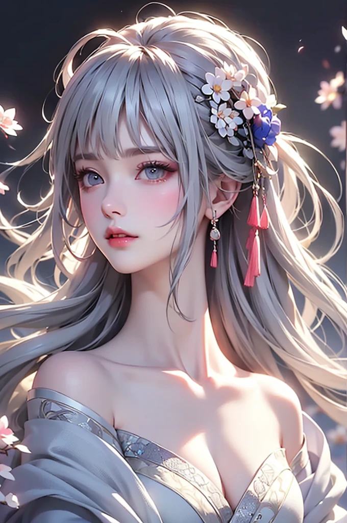 super high quality, masterpiece, Perfect illustration, Very detailed、8k wallpaper, Very detailed (Exquisite light and shadow, Very dramatic photo,Backlight) , ((Gray Hair:1.5))1 Girl, alone, (Wearing classic Hanfu, Royalty、Black Hanfu,Thick fabric,Long sleeve) Flower Field, Flowers, (White smoke:1.3) (Realistic:1.4), (Dynamic Angle: 1.4), Glowing Skin, (Floating colorful flashes: 1) The most beautiful chaotic shapes, elegant, Brutalist Design, Bright colors, Romantic Depth of Field Exotic_dance, half_、((Off the shoulder、Medium Chest、Beautiful cleavhing lips))