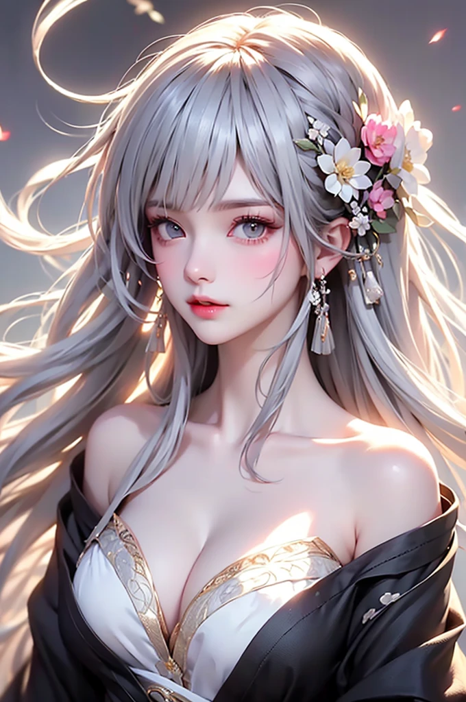 super high quality, masterpiece, Perfect illustration, Very detailed、8k wallpaper, Very detailed (Exquisite light and shadow, Very dramatic photo,Backlight) , ((Gray Hair:1.5))1 Girl, alone, (Wearing classic Hanfu, Royalty、Black Hanfu,Thick fabric,Long sleeve) Flower Field, Flowers, (White smoke:1.3) (Realistic:1.4), (Dynamic Angle: 1.4), Glowing Skin, (Floating colorful flashes: 1) The most beautiful chaotic shapes, elegant, Brutalist Design, Bright colors, Romantic Depth of Field Exotic_dance, half_naked、((Off the shoulder、Medium Chest、Beautiful cleavage、Touching lips))