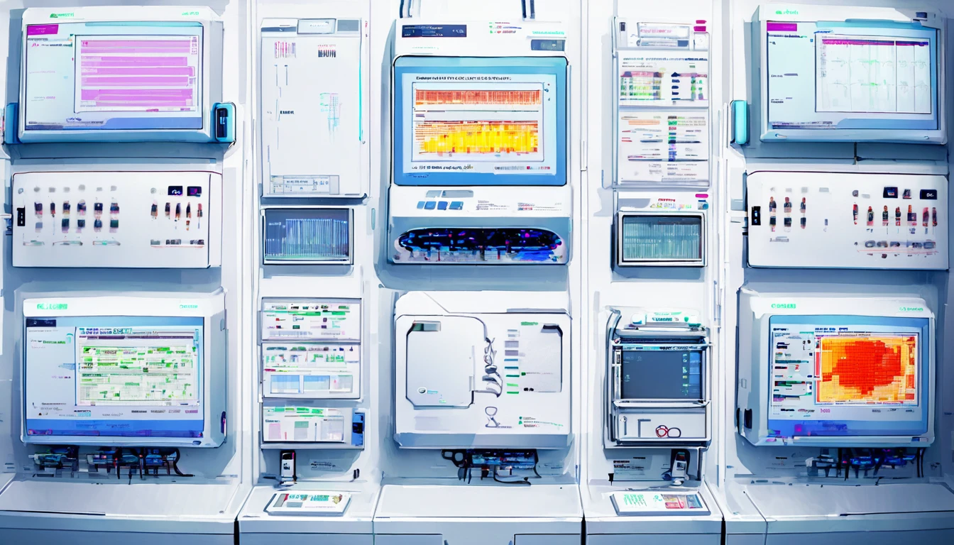 Wall close-up photography, Take a photo straight-on facing the wall. A futuristic clinic features monitors displaying medical and chemical data.。Bright spot with white walls, Scientific research, The camera is parallel