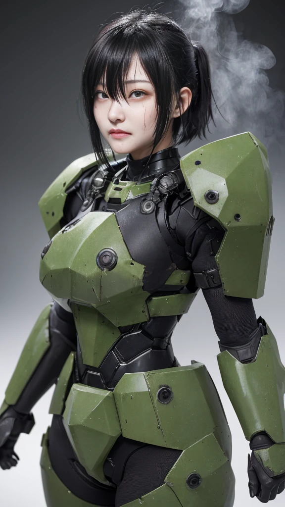 , Advanced Details, high quality, 最high quality, High resolution, 1080P 、傷口からのBleeding、Sexy Eyes、Wearing green and black、cute((The whole body is sweating))(Equipped with a damaged battle suit....)(Dark green armor)(Broken Armor)Black Hair、Chiquita、short hair、Pained expression、It hurts again、Healthy Skin、cute20歳女性　defeat　(Steam coming out of the face) ((Steam from the body)) 　Explosion from within the body　I&#39;m taking blows all over my body　Hit　Unable to fight　Severe attacks　((Headgear broke.　)) Flying debris　bare hands　Armor Stripping　The armor explodes　Sparks fly　centering　Bleeding　