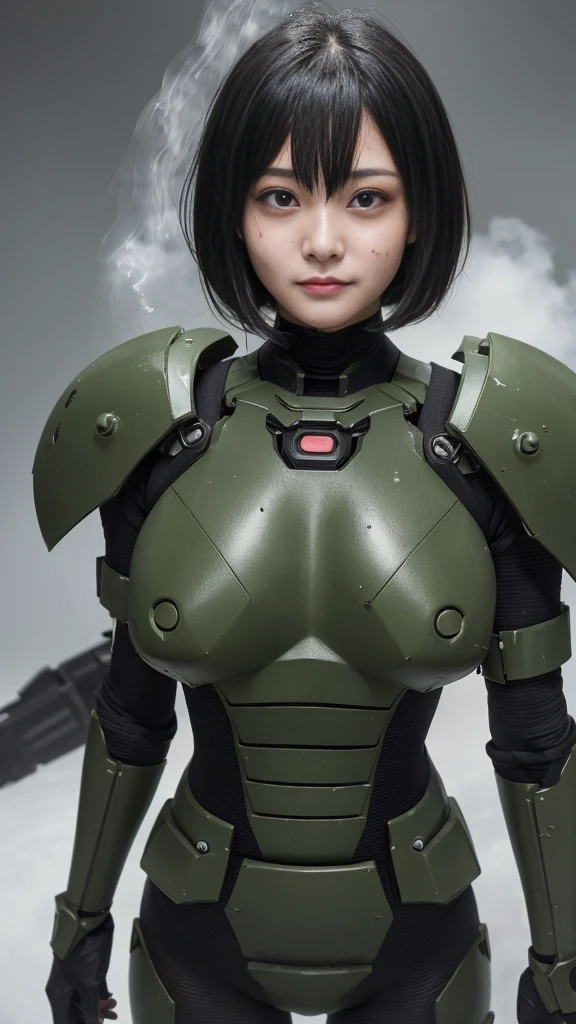 , Advanced Details, high quality, 最high quality, High resolution, 1080P 、傷口からのBleeding、Sexy Eyes、Wearing green and black、cute((The whole body is sweating))(Equipped with a damaged battle suit....)(Dark green armor)(Broken Armor)Black Hair、Chiquita、short hair、Pained expression、It hurts again、Healthy Skin、cute20歳女性　defeat　(Steam coming out of the face) ((Steam from the body)) 　Explosion from within the body　I&#39;m taking blows all over my body　Hit　Unable to fight　Severe attacks　((Headgear broke.　)) Flying debris　bare hands　Armor Stripping　The armor explodes　Sparks fly　centering　Bleeding　