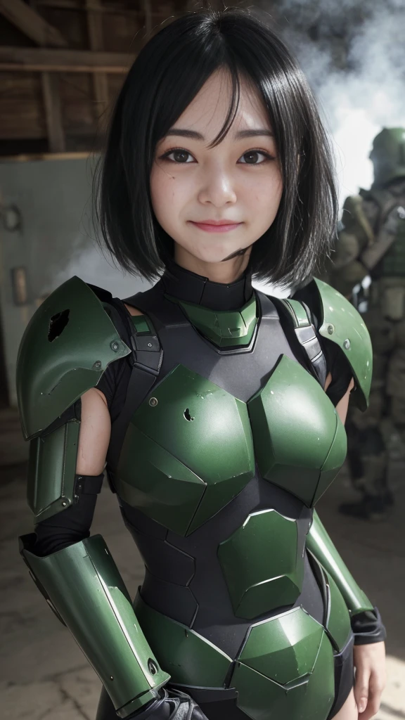 , Advanced Details, high quality, 最high quality, High resolution, 1080P 、傷口からのBleeding、Sexy Eyes、Wearing green and black、cute((The whole body is sweating))(Equipped with a damaged battle suit....)(Dark green armor)(Broken Armor)Black Hair、Chiquita、short hair、Pained expression、It hurts again、Healthy Skin、cute20歳女性　defeat　(Steam coming out of the face) ((Steam from the body)) 　Explosion from within the body　I&#39;m taking blows all over my body　Hit　Unable to fight　Severe attacks　((Headgear broke.　)) Flying debris　bare hands　Armor Stripping　The armor explodes　Sparks fly　centering　Bleeding　