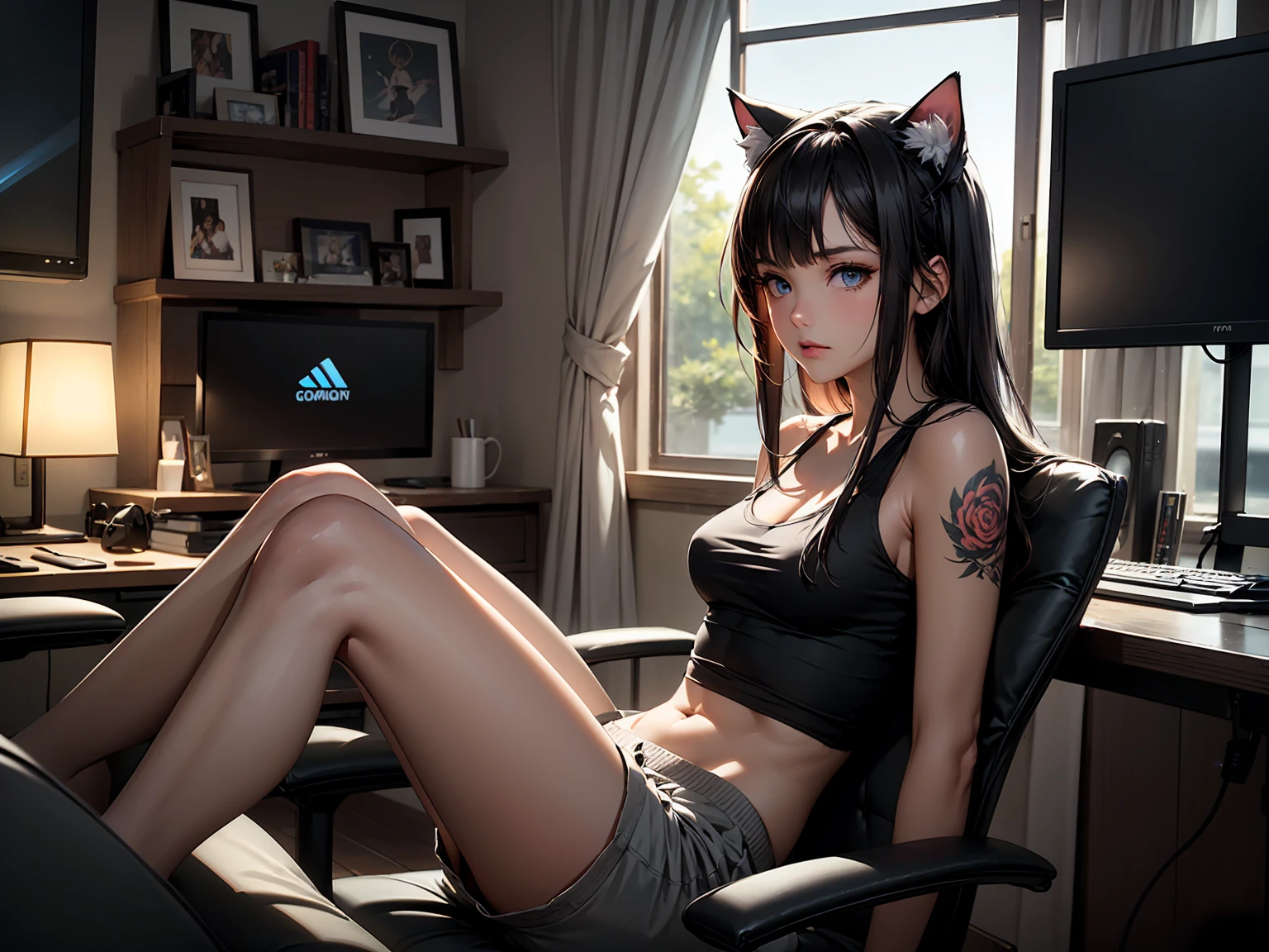 Create a high-quality, detailed image of a beautiful, anime cat gamer girl with tattoos and long hair, beautiful eyes, sitting at her gaming PC in her gaming room. She is wearing a tank top, and sleep shorts, showing her midriff, highlighting her stunning curves. The warm, inviting scene includes soft ambient lighting, comfortable seating, The setting is illuminated by a small lamp, creating a serene and intimate atmosphere