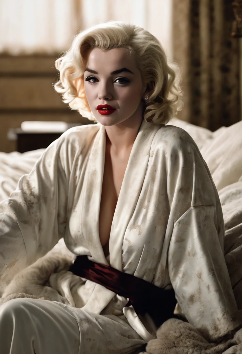 ((best quality))), (((Extremely detailed))), (((masterpiece))), photography portrait,Marilyn Monroe,,(Glowing skin:1.5),Messy hair,Shoulder-length straight hair,Dark circles,Bloodshot eyes,(Sad expression:1.3),(:1.5),(Towering chest:1.5),Sitting on the bed,In the bedroom,(Strapless cat print robe:1.3), Lost in thought, dimly light room, The soft glow of a digital clock, Dark curtains, Seclusion and introspection, Messy hair,