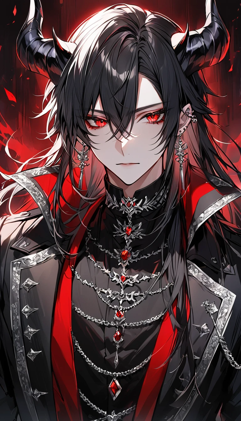 alone, good looking, 1 male, Long hair, Middle parted hair, Black hair, Red eyes, Black shirt, White Thailand, Black Trench Coat, Royal Silver Jewellery, Royal Demon Earrings, Black horns, Front Facing, Vtuber Front Facing Camera