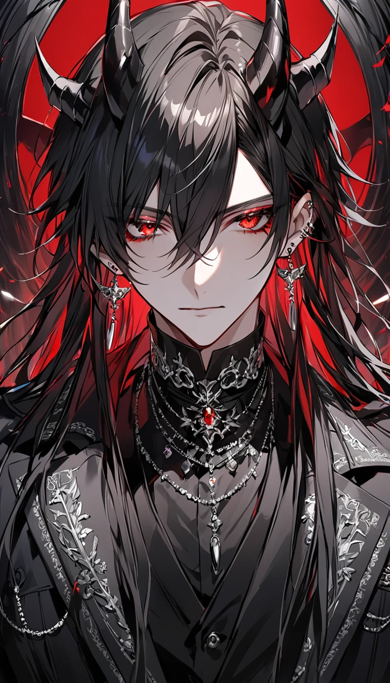 alone, good looking, 1 male, Long hair, Middle parted hair, Black hair, Red eyes, Black shirt, White Thailand, Black Trench Coat, Royal Silver Jewellery, Royal Demon Earrings, Black horns, Front Facing, Vtuber Front Facing Camera