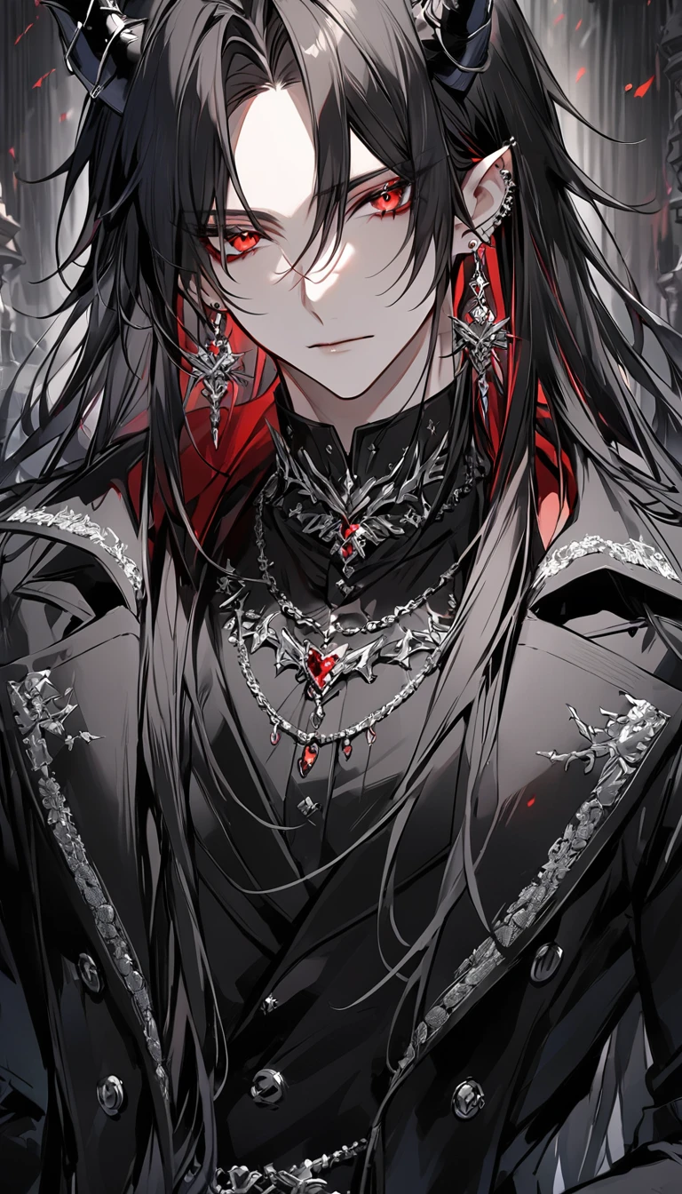 alone, good looking, 1 male, Long hair, Middle parted hair, Black hair, Red eyes, Black shirt, White Thailand, Black Trench Coat, Royal Silver Jewellery, Royal Demon Earrings, Black horns, Side profile, fallen angel