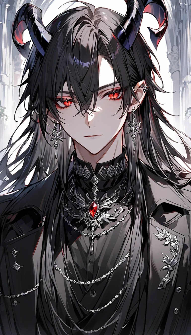 alone, good looking, 1 male, Long hair, Middle parted hair, Black hair, Red eyes, Black shirt, White Thailand, Black Trench Coat, Royal Silver Jewellery, Royal Demon Earrings, Black horns, Front Facing, Vtuber Front Facing Camera