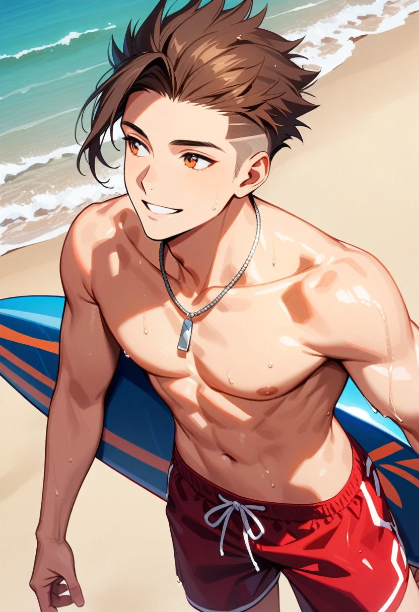 A young man, 21-years-old, solo, Caucasian, mature face, wild spiky undercut brown hair, orange eyes, cheerful smile, mouth open, no shirt, shirtless, red swimming trunks, thin silver necklace, holding a surfboard, wet, beach, looking off into the distance