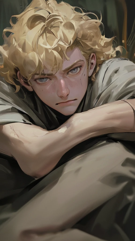 a futurist deserter late ager boy, defeated, harmless, captured boy, young boy, sexy, blonde hair, scared, detailed face, tearing eyes, beautiful boy, pretty face, sexy, curly hair, tie in a campfire, cinematic atmosphere, dark colors, environment, realistic 3D render, (best quality,4k,8k,highres,masterpiece:1.2),ultra-detailed,(realistic,photorealistic,photo-realistic:1.37)