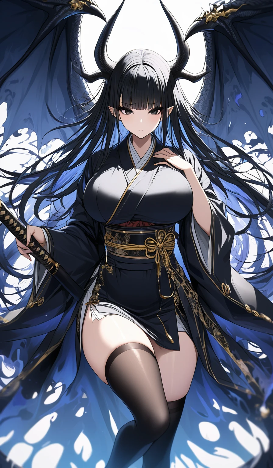 Masterpiece, very detailed, ultra detailed, one, (1 woman), Photo of a woman in a short Japanese yukate with gold details and black stockings, with a black katana in her hand with an aura of death, with black eyes, long black straight hair and straight bangs, with huge breasts, she with black demonic horns and black dragon wings, around her the aura of death