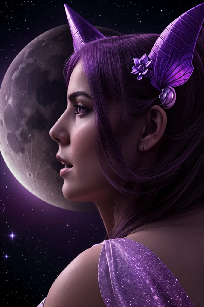 Generates an image of a woman sitting on the moon in profile with a fairy style and horns in purple