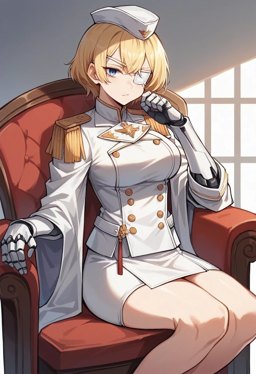 commander anime girl, white commander clothes, white mini skirt, white commander hat, 18 years old, tall, medium length blonde hair, blonde eyebrows, blue eyes, eye patch, right a mechanical arm, left arm a normal arm, sitting in a chair at the head of a large and long covenant table, alone, 8K Image Quality
